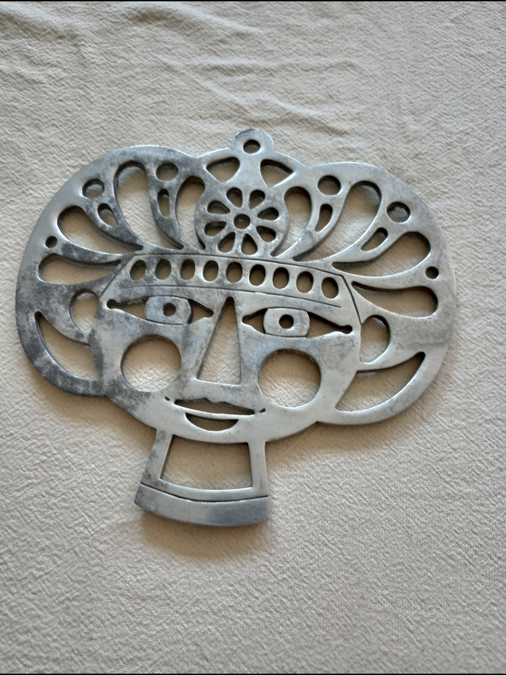Vintage Metal Trivet Folk Art Face Design Hanging Kitchen Decor